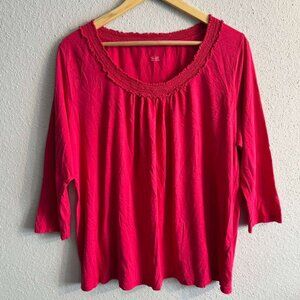 Talbots Smocked Ruffle Collar Trim Knit Blouse Top 3/4 Sleeves Hot Pink Fuchsia